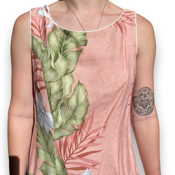 Vintage 90s The Hawaiian Original Pink Palm Leaf Tropical Knee Length Mini Dress - Picture 3 of 7